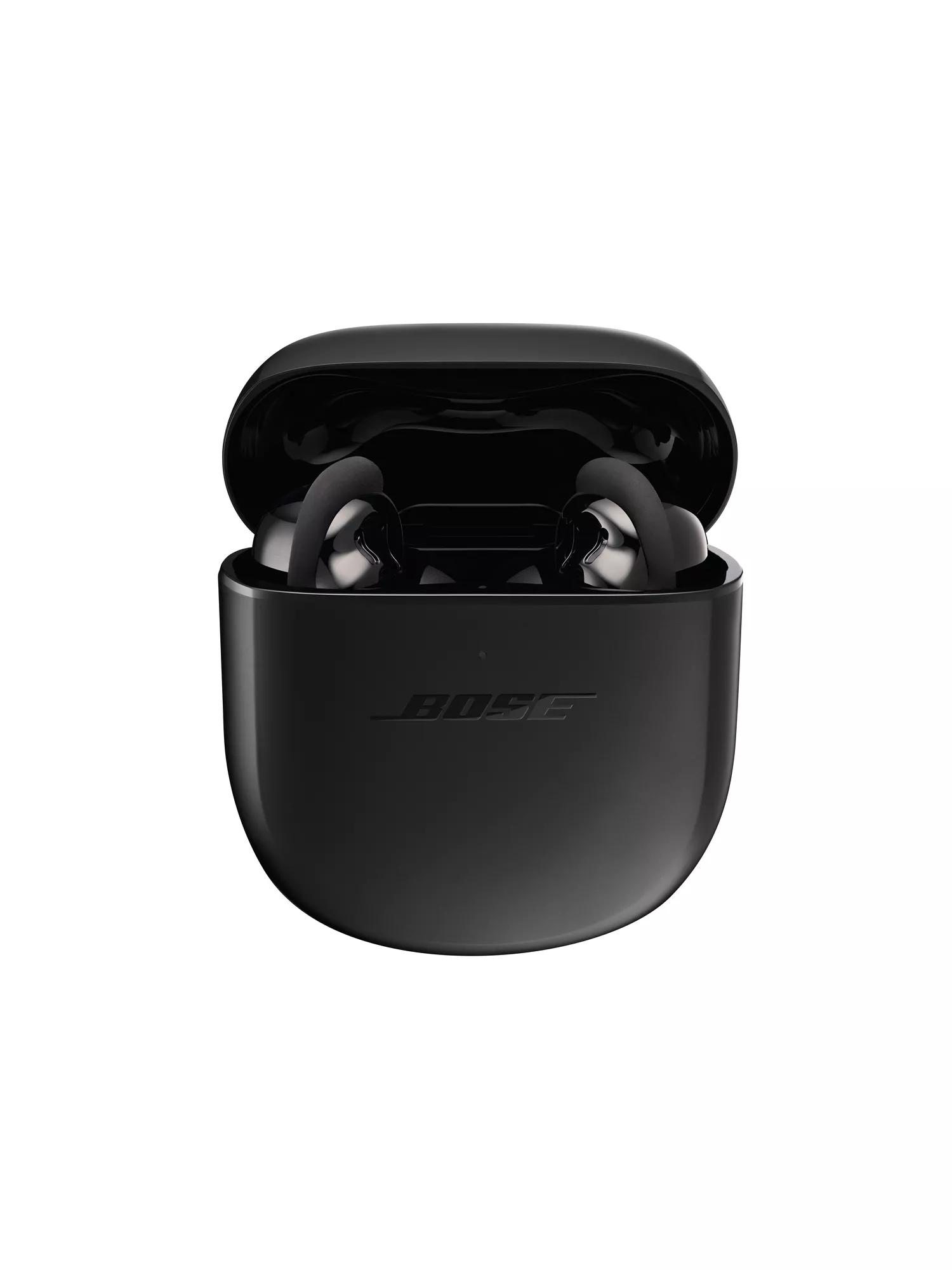 The Earbuds II charging case holds and recharges both earpieces.