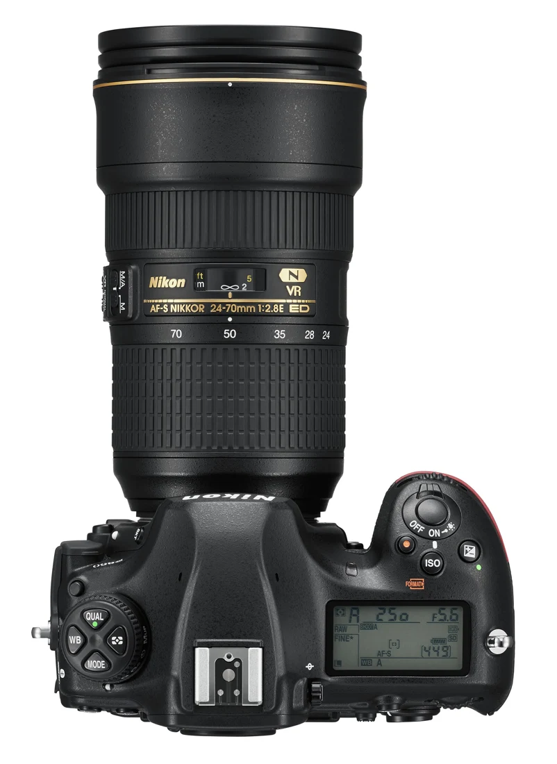 The D850 control layout and optional lens viewed from above.