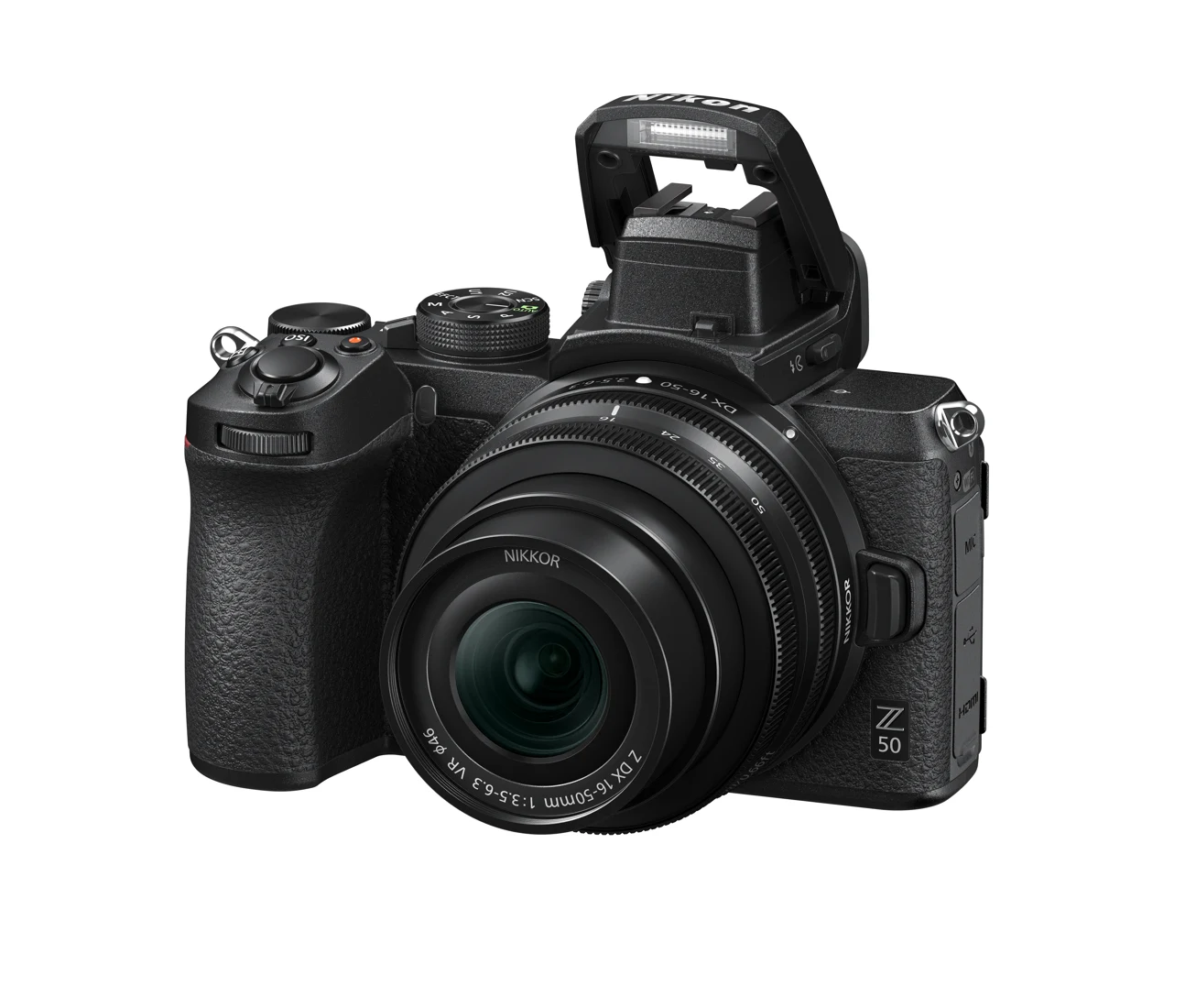 The Z 50 with its integrated flash raised.