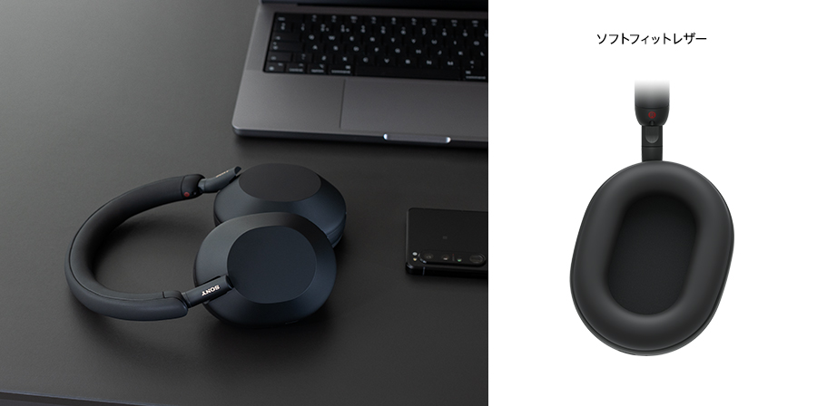 Sony shows the XM5 beside a laptop and its ear-cushion construction; fit remains personal.